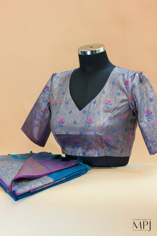 Peacock Blue Handloom Raw Dupion Silk Banarsi Saree with Stitched Blouse