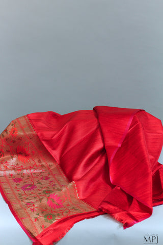 Raspberry Paithani-Inspired Handloom Raw Dupion Silk Banarsi