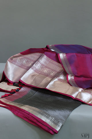 Steel Grey Handloom Silk Kanjivaram with Magenta Brocade Pallu