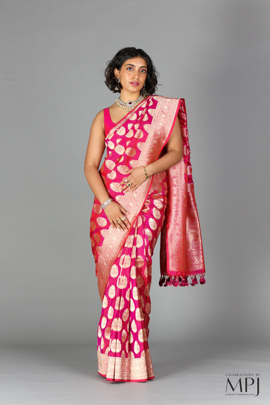 Deep Royal Pink Jaal Pure Katan Silk Banarasi Saree with Stitched Blou ...