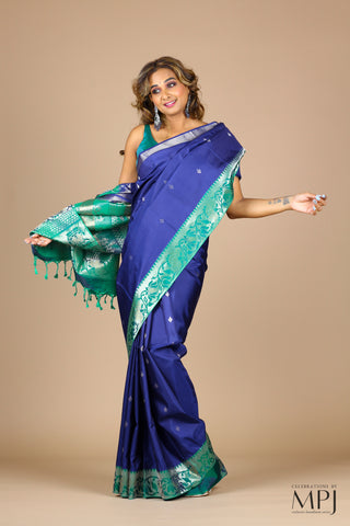 Indigo Blue Soft Silk Saree with Peacock Green Brocade Border with Stitched Blouse