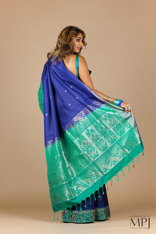 Indigo Blue Soft Silk Saree with Peacock Green Brocade Border with Stitched Blouse