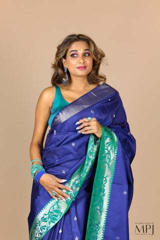 Indigo Blue Soft Silk Saree with Peacock Green Brocade Border with Stitched Blouse