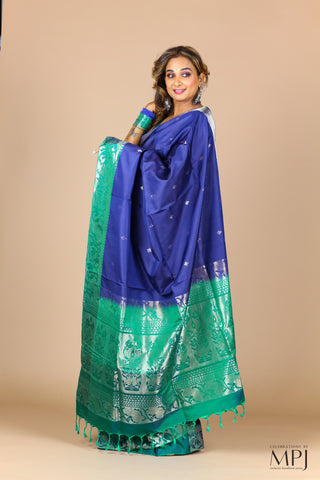 Indigo Blue Soft Silk Saree with Peacock Green Brocade Border with Stitched Blouse