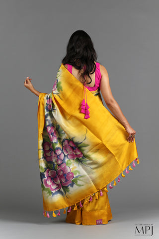 Sunflower Yellow Handpainted Handloom Pure Silk Saree