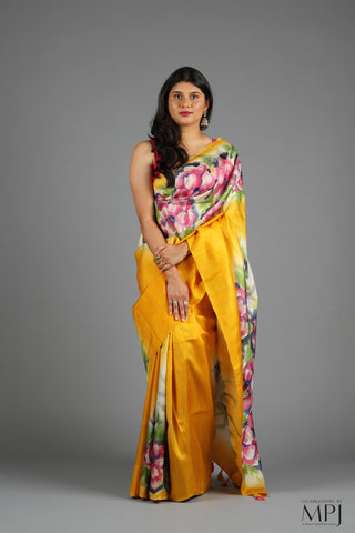 Sunflower Yellow Handpainted Handloom Pure Silk Saree