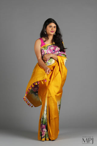 Sunflower Yellow Handpainted Handloom Pure Silk Saree