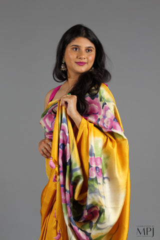 Sunflower Yellow Handpainted Handloom Pure Silk Saree