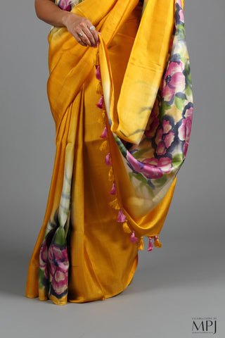 Sunflower Yellow Handpainted Handloom Pure Silk Saree