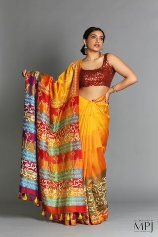 Yellow Orange Kantha Stitch Handloom Silk Saree