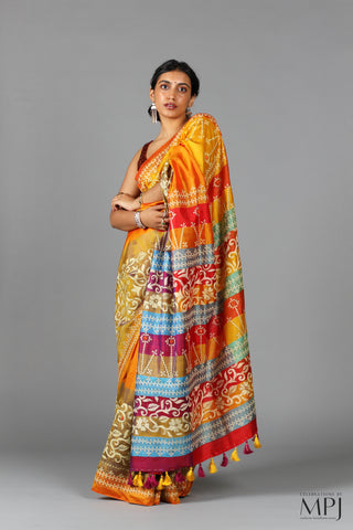 Yellow Orange Kantha Stitch Handloom Silk Saree