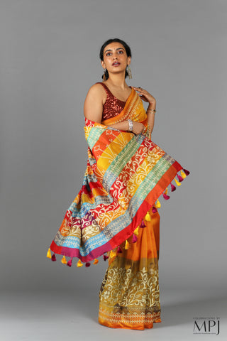 Yellow Orange Kantha Stitch Handloom Silk Saree