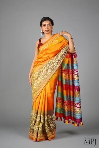 Yellow Orange Kantha Stitch Handloom Silk Saree