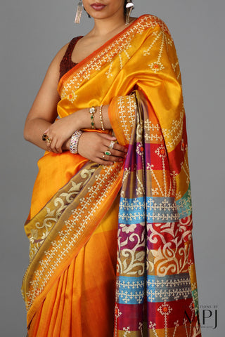 Yellow Orange Kantha Stitch Handloom Silk Saree