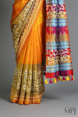 Yellow Orange Kantha Stitch Handloom Silk Saree